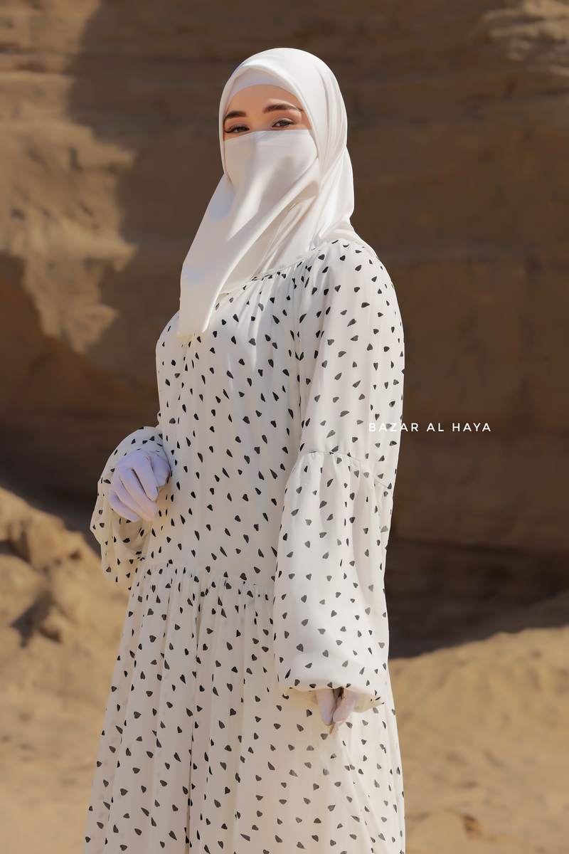 Amira White Chiffon Abaya Dress With Puff Sleeves - Double Layer