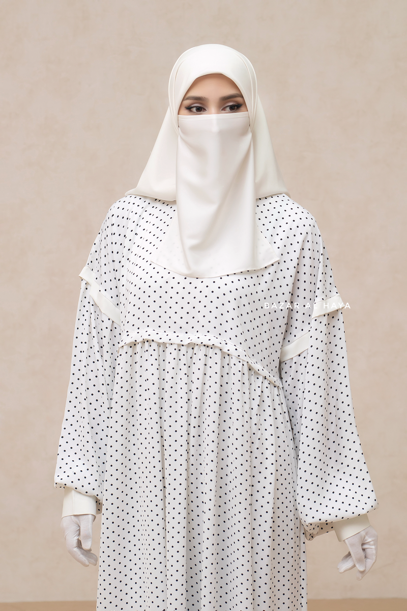 Mubina White Polka Dot Tiered Pretty Abaya Dress - Loose & Wide In Nidha