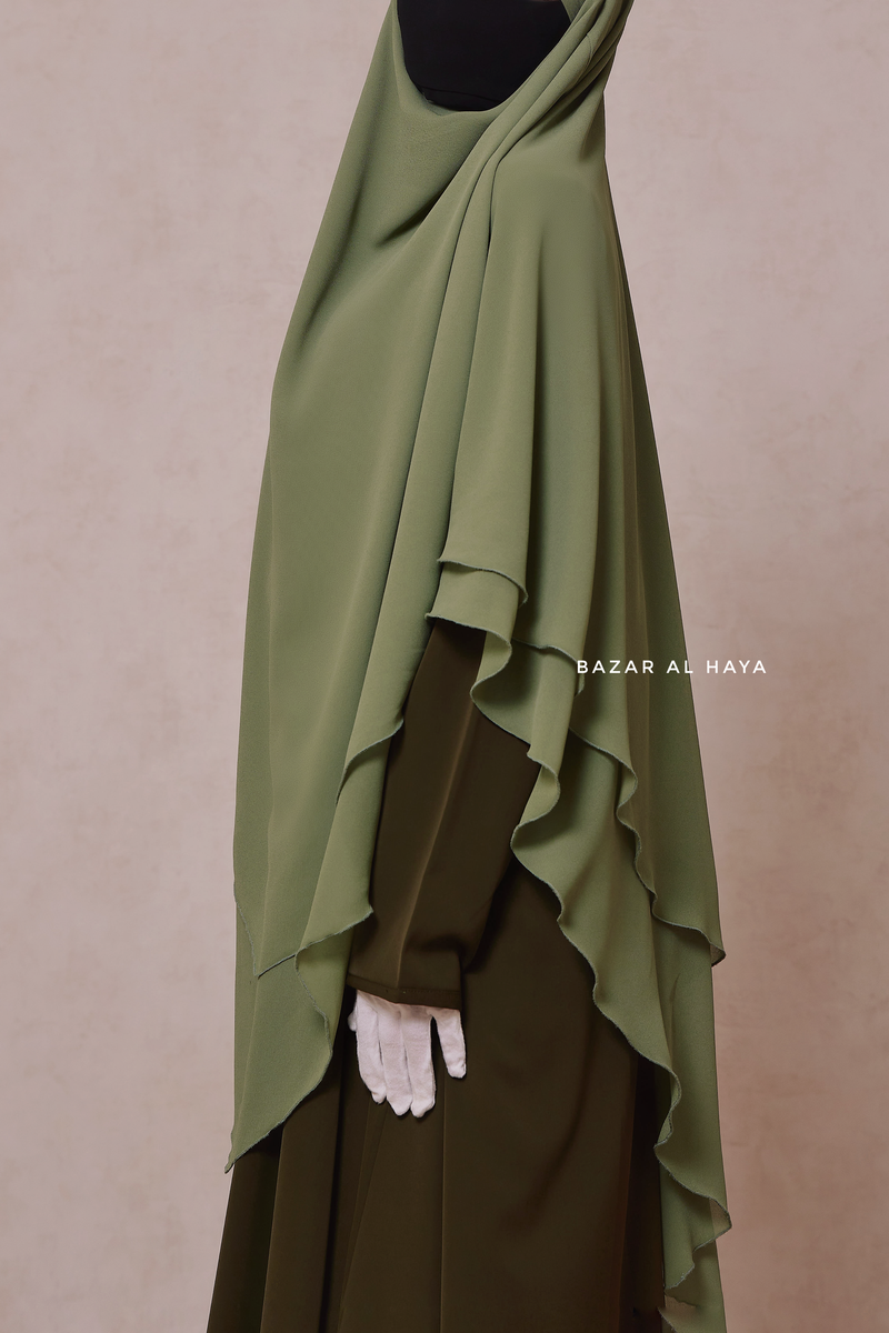 Light Olive Pari Two Layered Maxi Diamond Khimar - Crepe Chiffon