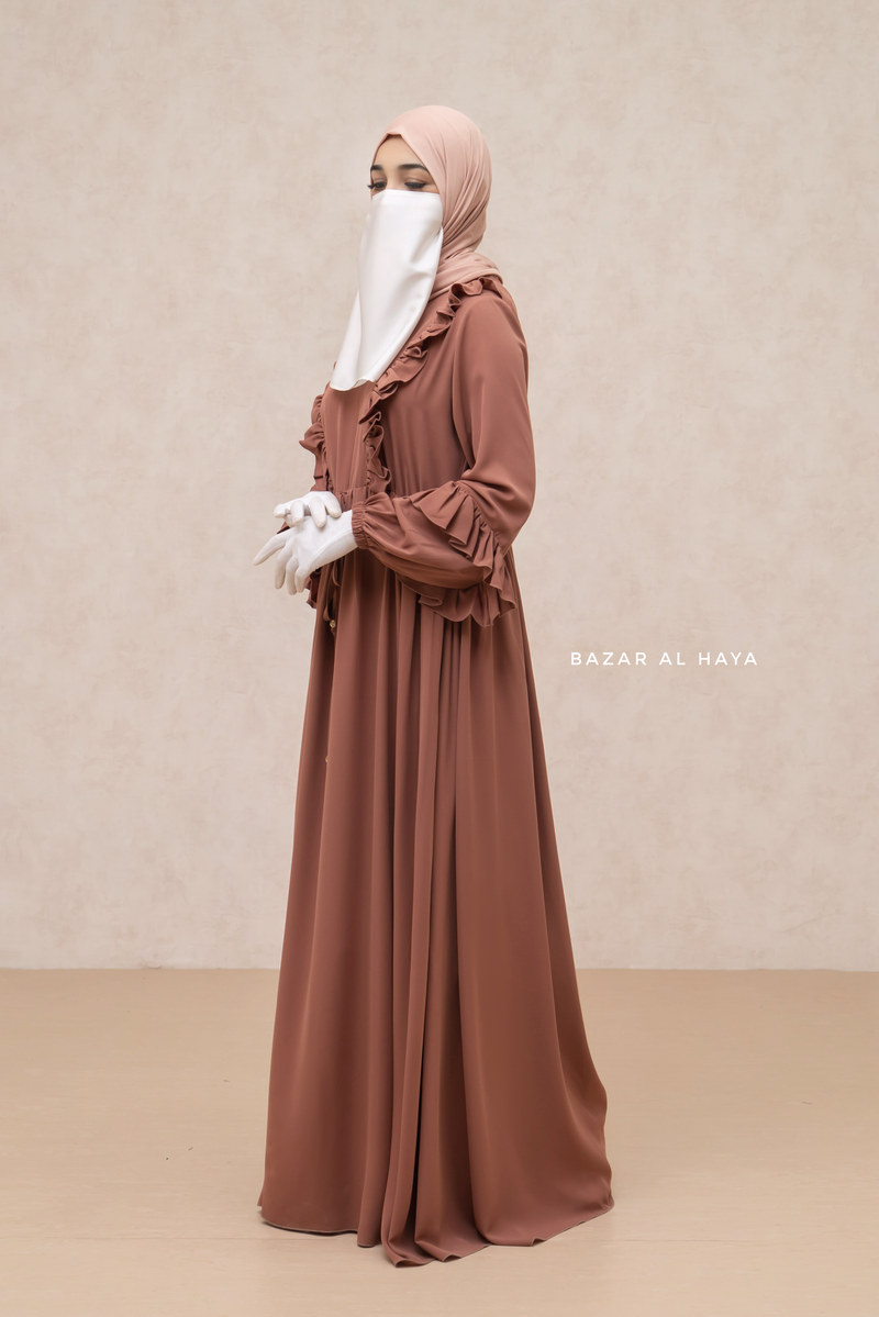 Afsah Cappuccino Ruffle Lightweight Summer Spring Abaya Dress - Soft Breathable Crepe Cotton