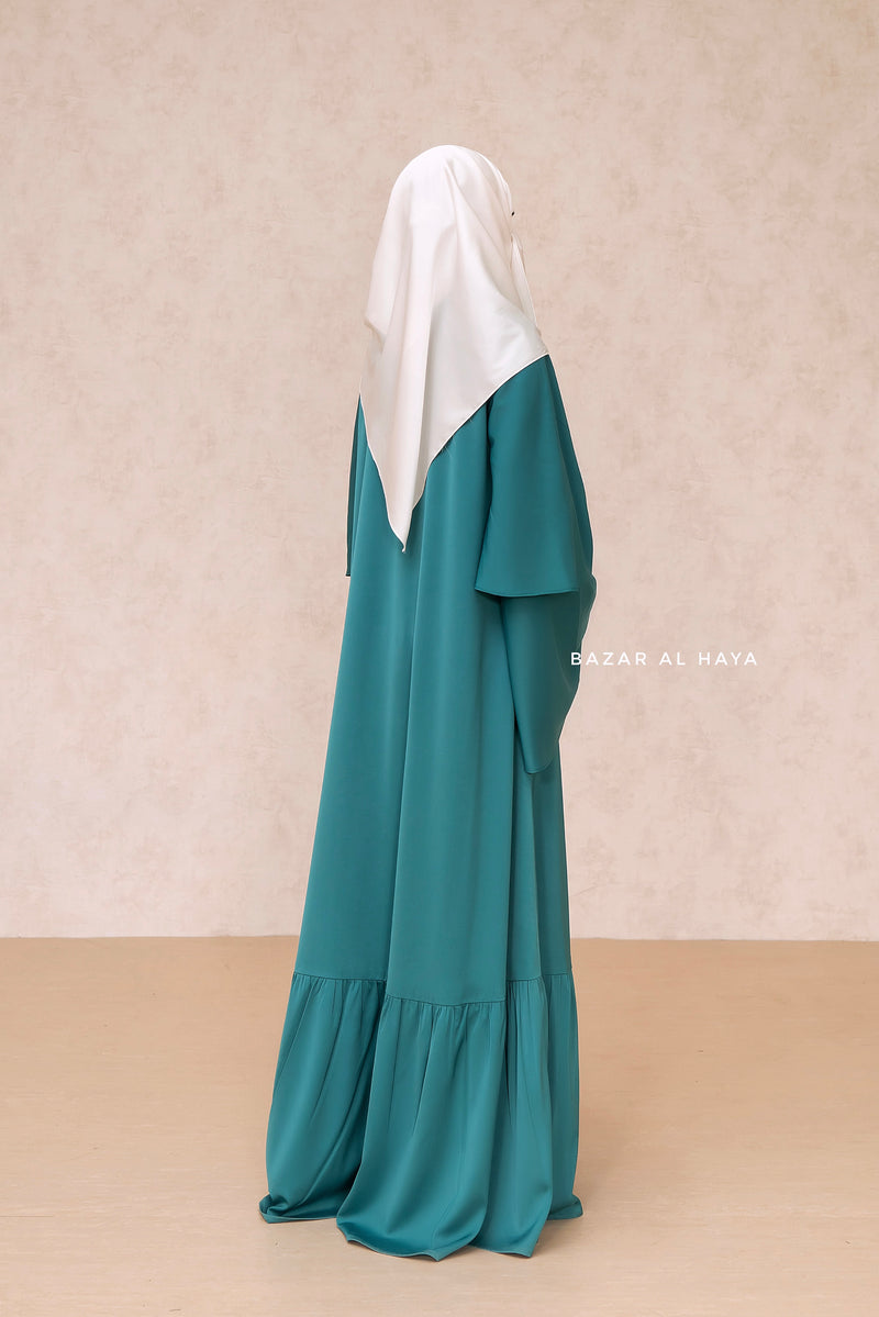 Bushra Dress - Jade Green Layered Ruffle Sleeve Abaya - Premium Sultansha