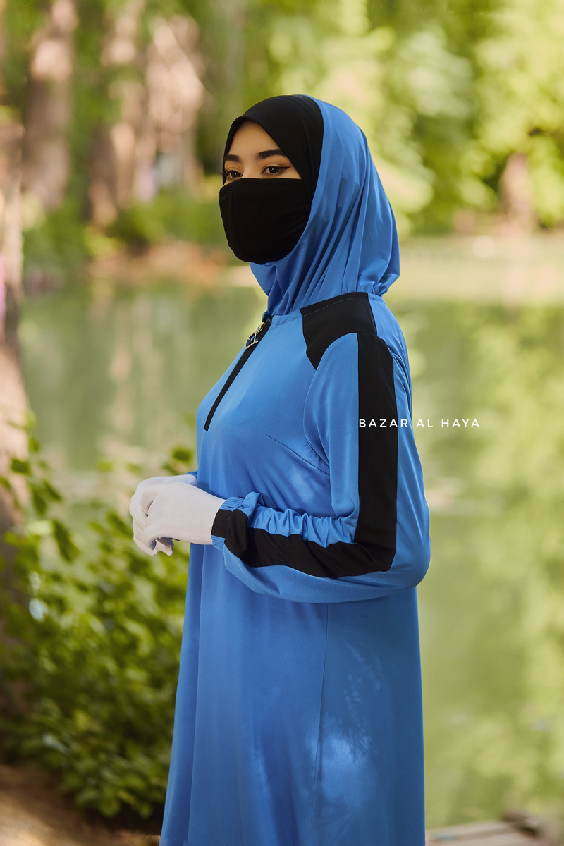 Shuruq Blue Modest Swimwear Three Piece Set With Swimdress, Khimar, & Pants - Enjoy The Comfort