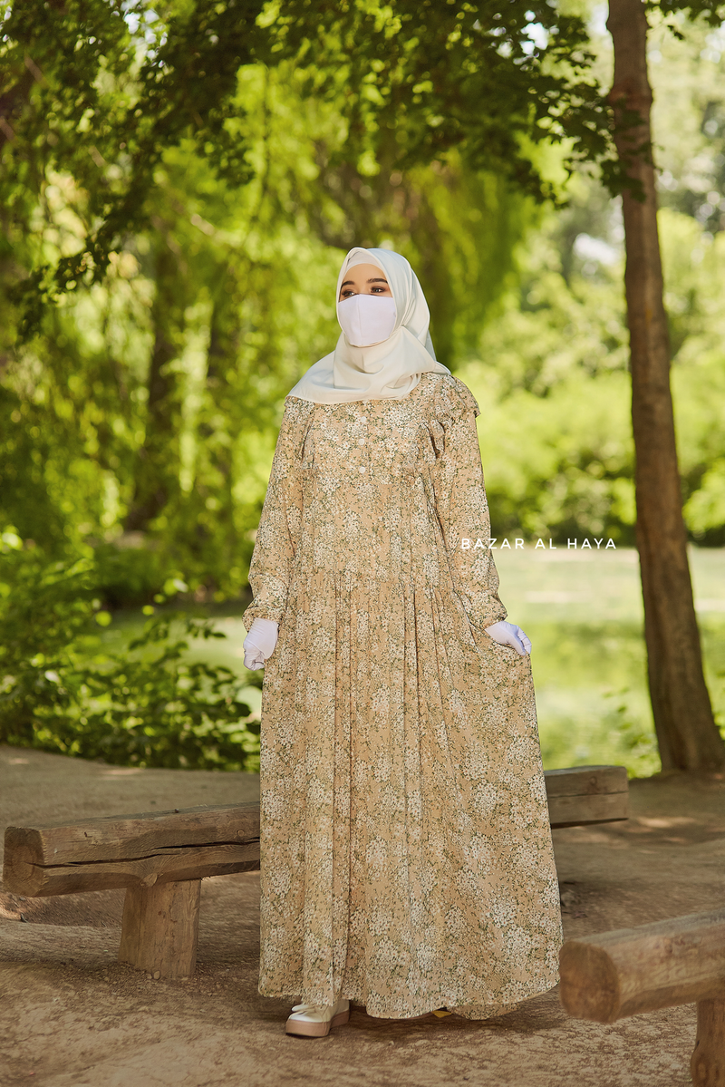 Surayya Almond Chiffon Abaya Dress With Floral Print - Ruffled Design