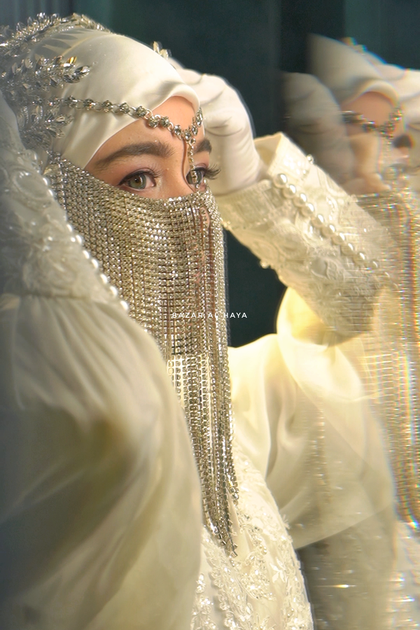 Rhinestone Chain Silver Bridal Face Veil - Handmade