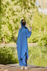 Shuruq Blue Modest Swimwear Three Piece Set With Swimdress, Khimar, & Pants - Enjoy The Comfort