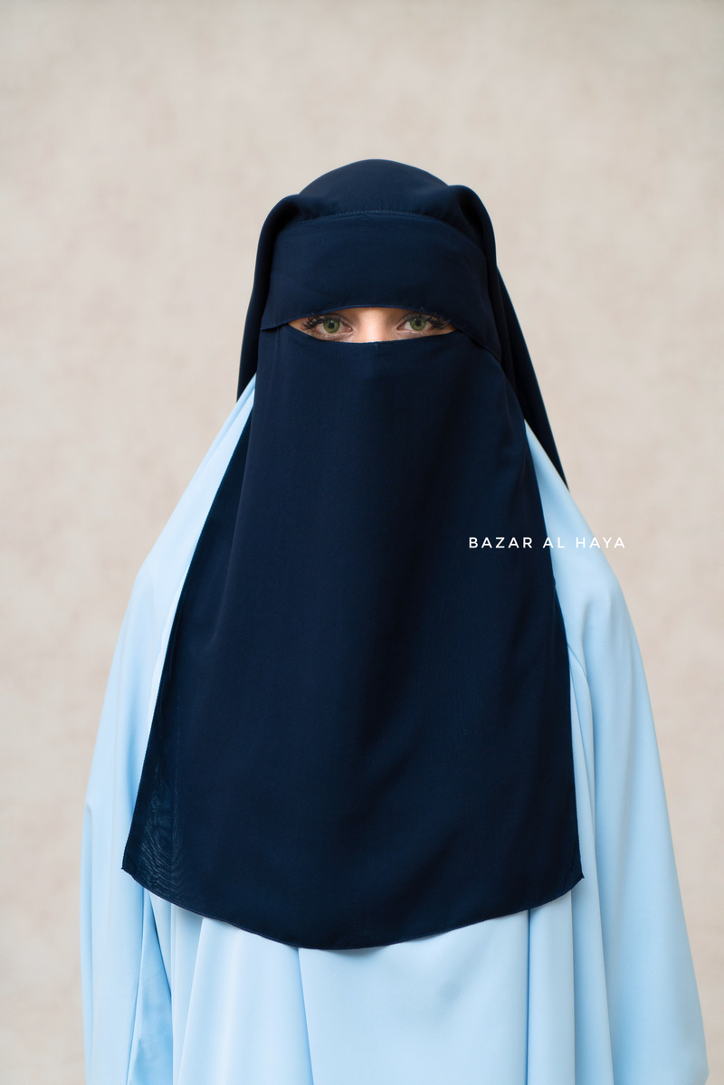 Dark Blue Two Layer Flap Niqab - Premium Wool Chiffon - Medium