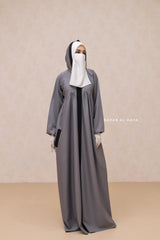 Kalina Grey Hooded Silk Crepe Abaya Dress With Pockets - Mediumweight