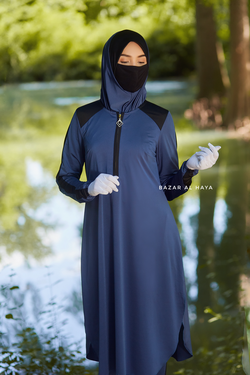 Shuruq Spruce Blue Modest Swimwear Three Piece Set With Swimdress, Khimar, & Pants - Enjoy The Comfort