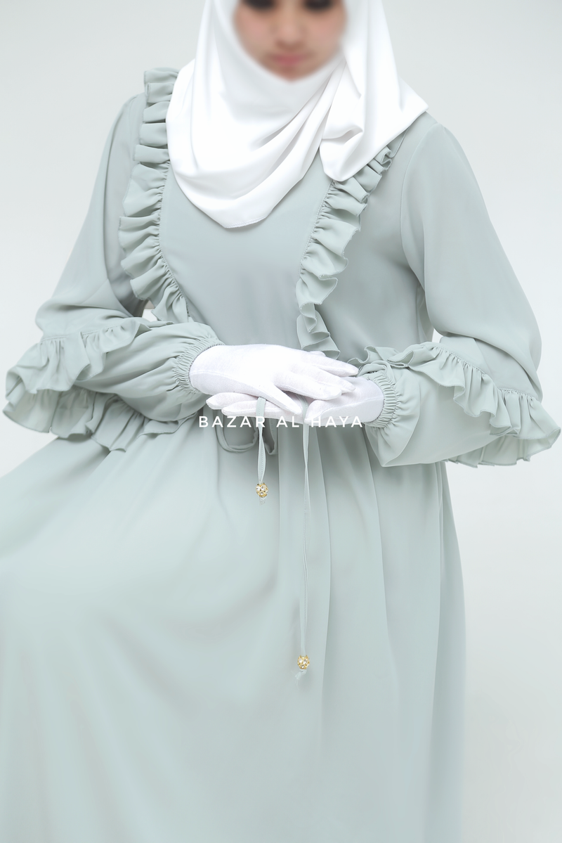 Afsah Mint Ruffle Lightweight Summer Spring Abaya Dress - Soft Breathable Crepe Cotton