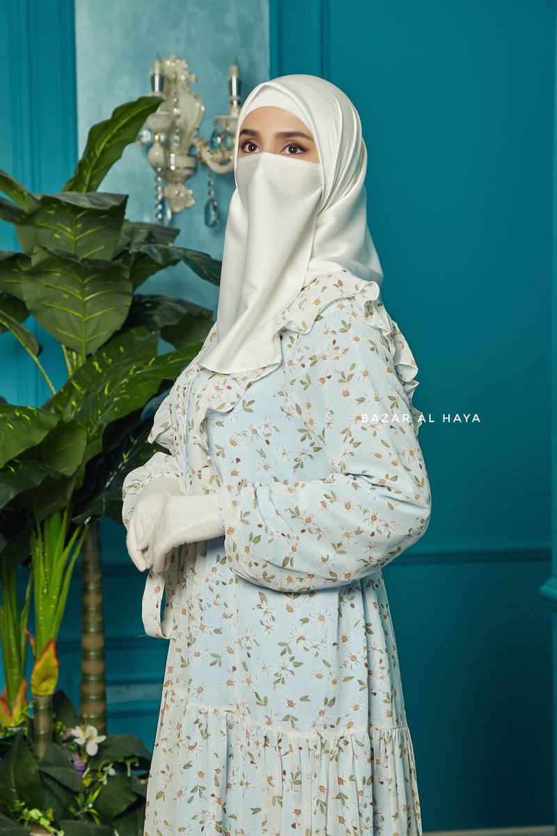 Surayya Light Blue Chiffon Abaya Dress With Floral Print - Ruffled Design