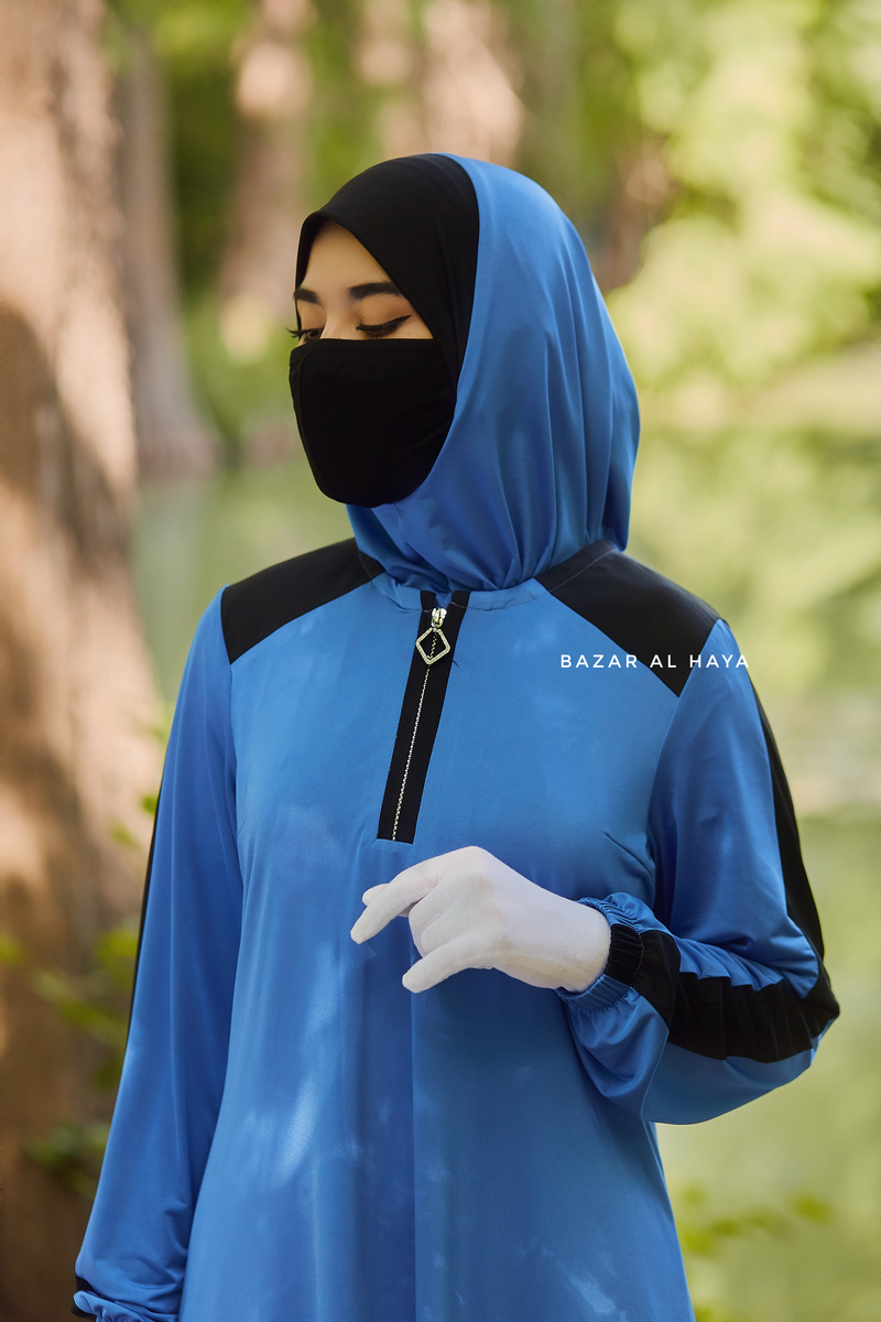 Shuruq Blue Modest Swimwear Three Piece Set With Swimdress, Khimar, & Pants - Enjoy The Comfort