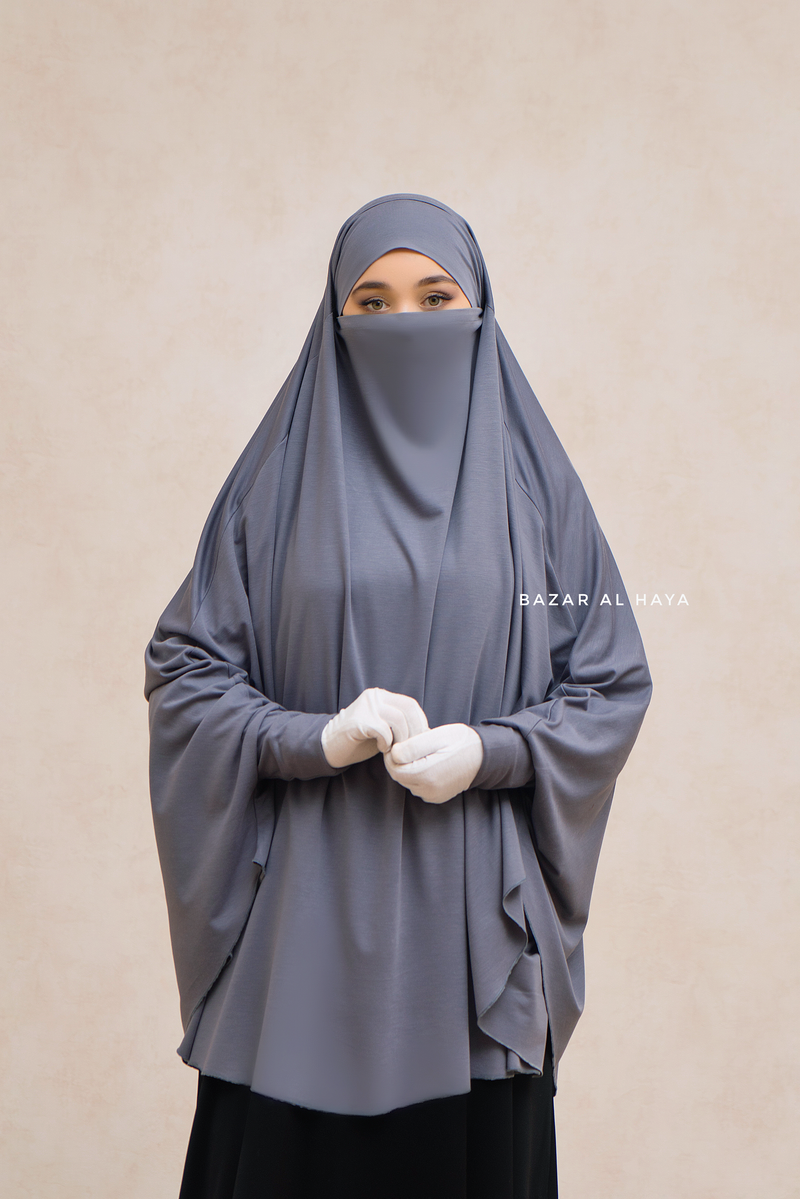 Steel Grey Cotton Abida Khimar With Sleeves - Soft Cotton