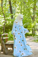 Baby Blue Muna Loose Fit Summer Abaya Dress - Viscose Cotton & Daisy Flower Print