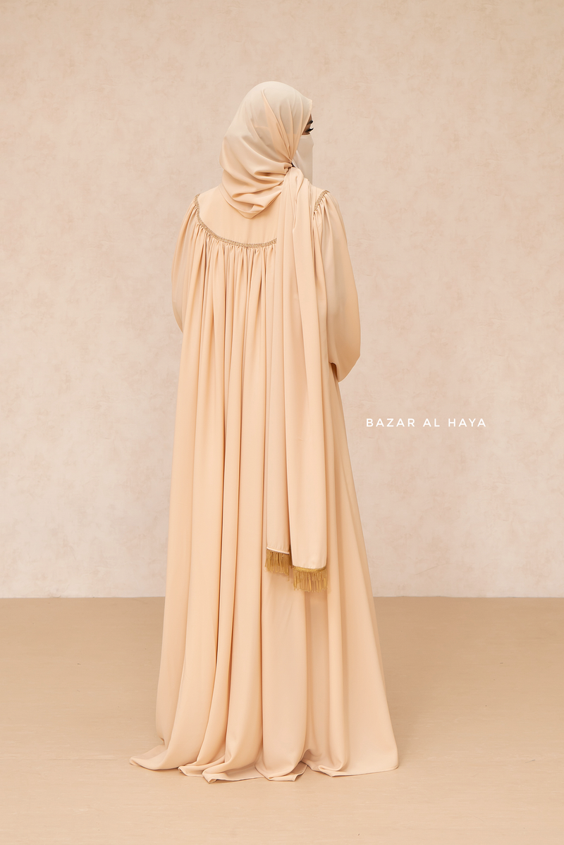 Haniya Beige Abaya Gown - Elegently Wide With Unique Decor - 3 Piece