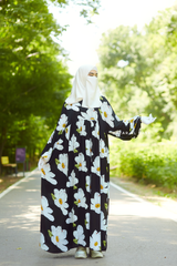 Black Muna Loose Fit Summer Abaya Dress - Viscose Cotton & Daisy Flower Print