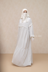 Mubina White Polka Dot Tiered Pretty Abaya Dress - Loose & Wide In Nidha