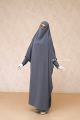 Sarah One Piece Steel Grey Jilbab - Zipper Sleeves - Silk Crepe