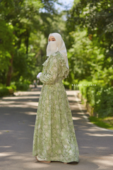 Surayya Kiwi Chiffon Abaya Dress With Floral Print - Ruffled Design