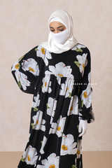 Muna Black Loose Fit Summer Abaya Dress - Viscose Cotton & Daisy Flower Print