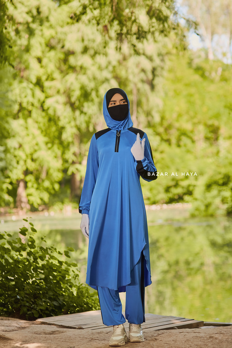 Shuruq Blue Modest Swimwear Three Piece Set With Swimdress, Khimar, & Pants - Enjoy The Comfort