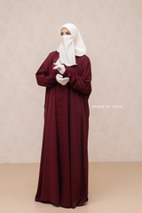 Burgundy Safa Loose - Fit Abaya With Button Front - Silk Crepe
