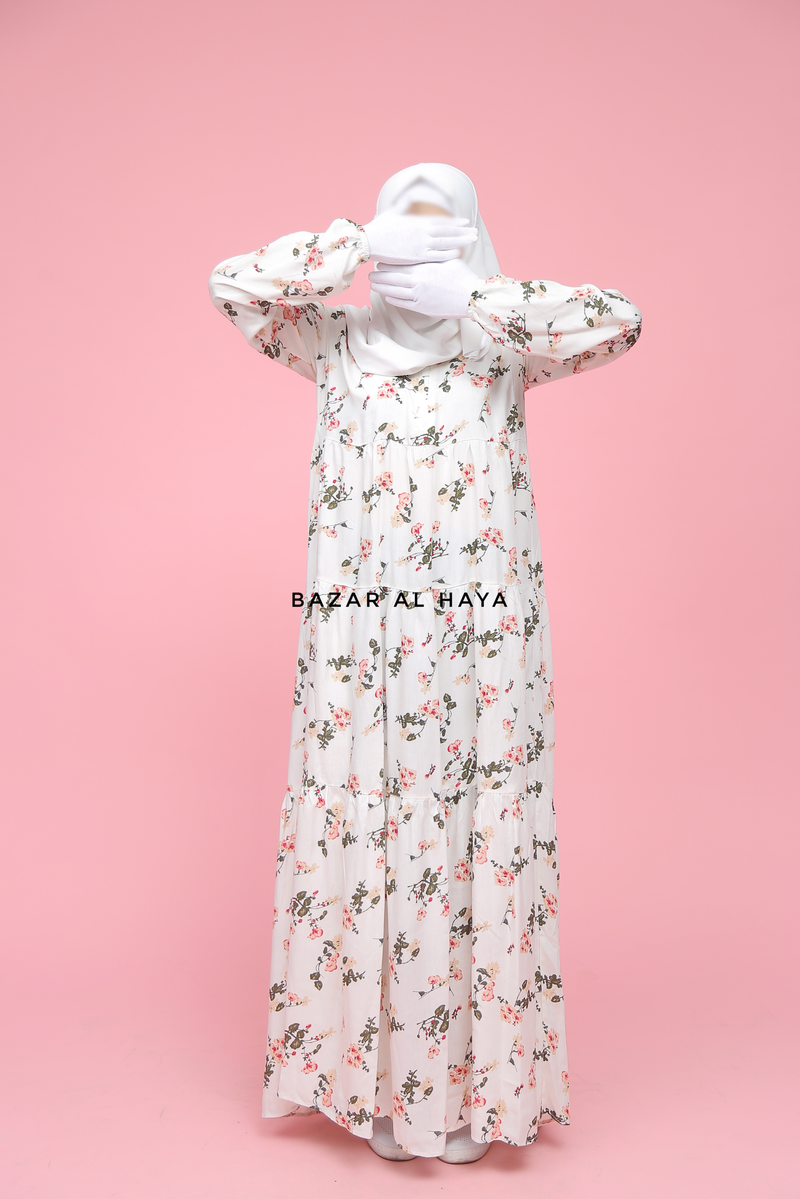 Sadia White Floral Abaya Dress 100% Cotton Summer Tiered Style With Front Zipper