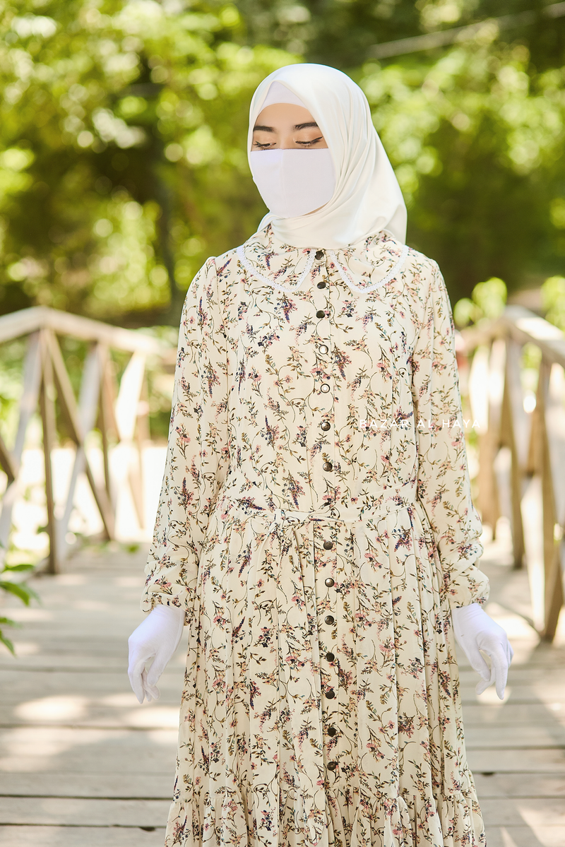 Anisa Ivory Floral Chiffon Dress With Belt - Full Snap Button Front