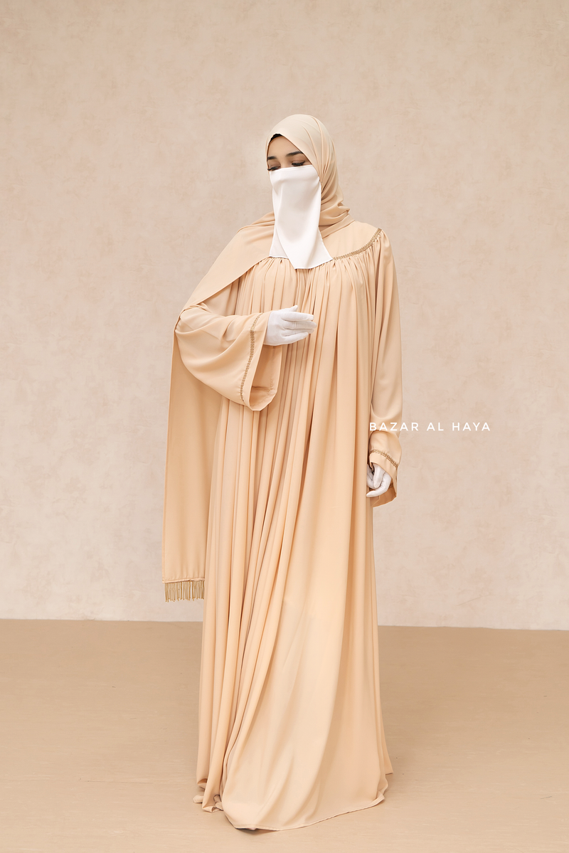 Haniya Beige Abaya Gown - Elegently Wide With Unique Decor - 3 Piece