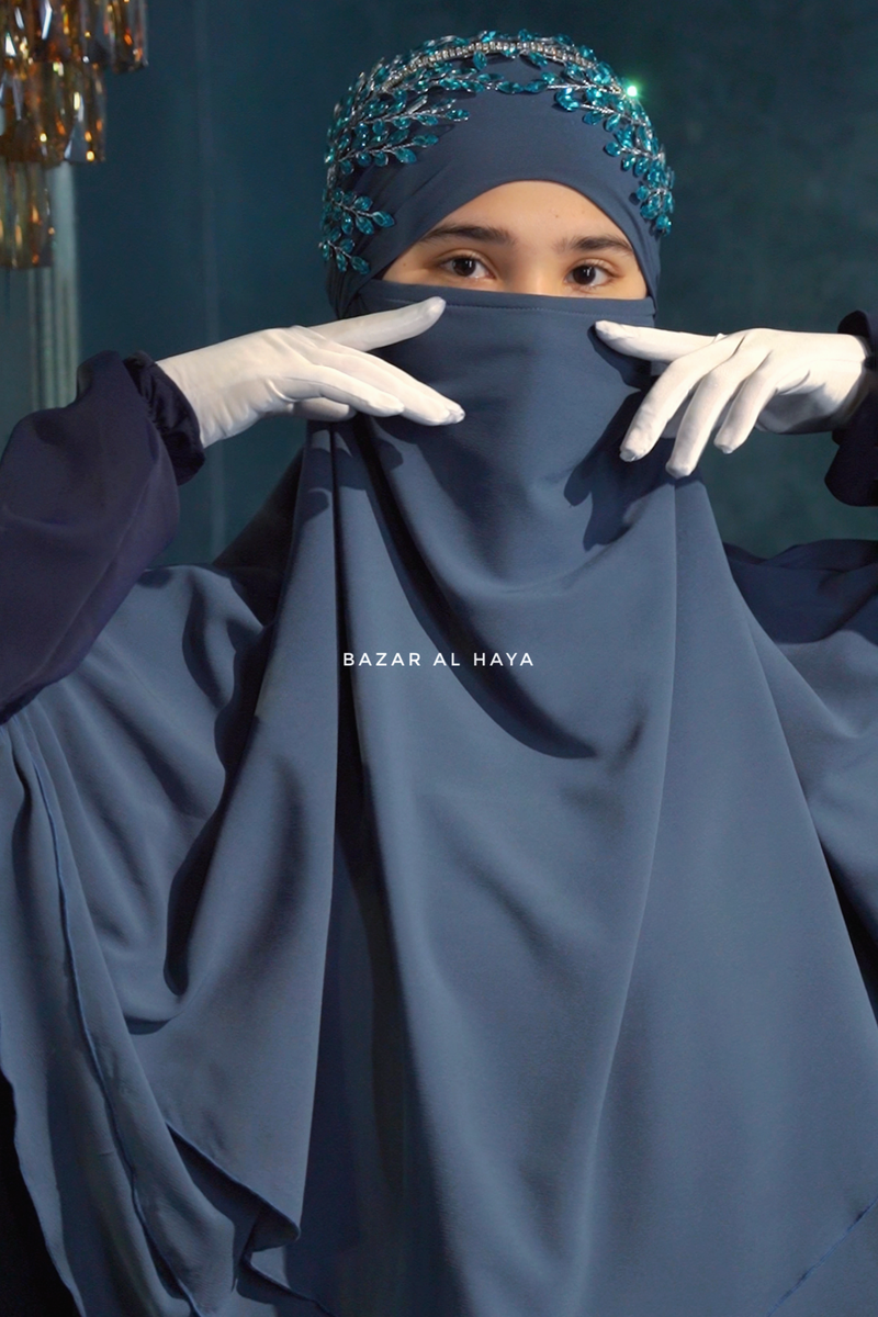 Spruce Blue Aiza Three Layered Diamond Khimar - Premium Stretch