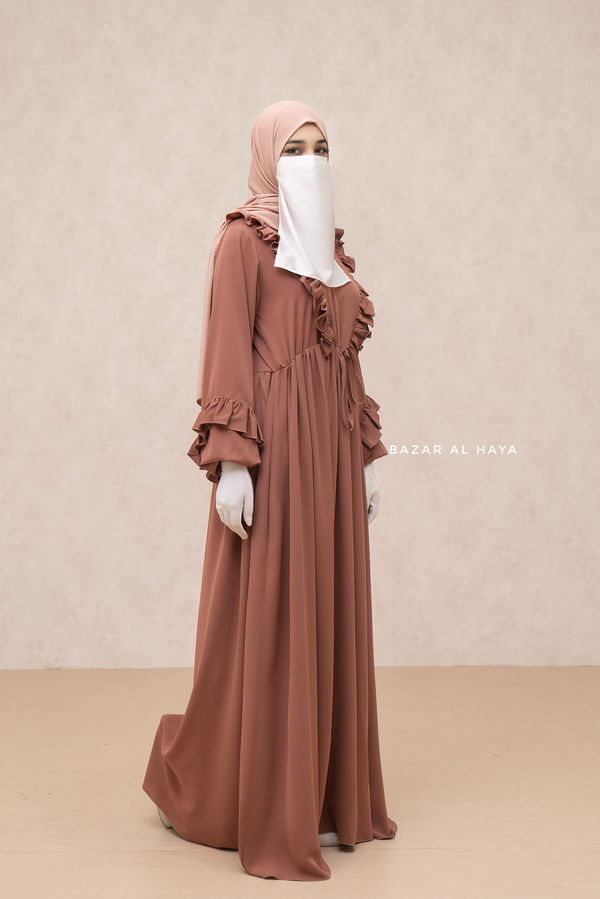 Afsah Cappuccino Ruffle Lightweight Summer Spring Abaya Dress - Soft Breathable Crepe Cotton