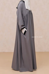 Kalina Grey Hooded Silk Crepe Abaya Dress With Pockets - Mediumweight