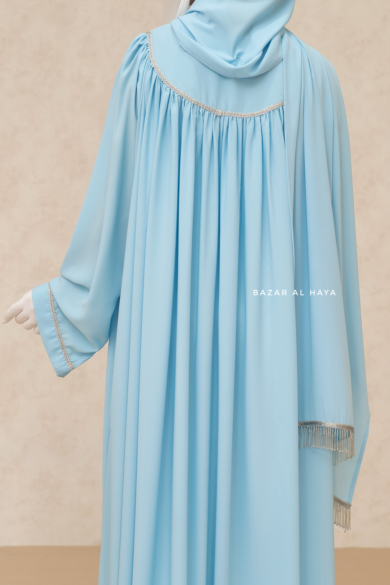 Haniya Sky Blue Abaya Gown - Elegently Wide With Unique Decor - 3 Piece