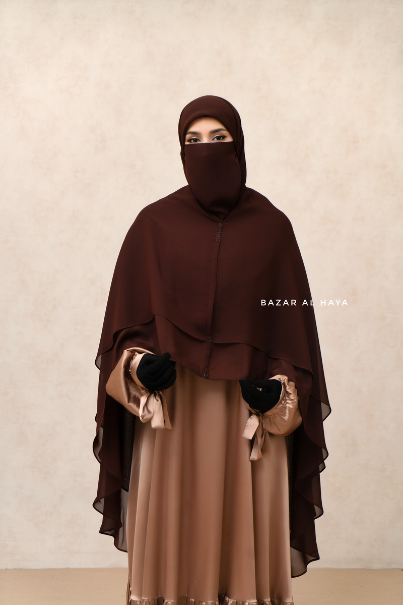 Brown Two Layered Snap Scarf, Khimar, Cape - Super Soft - 3 in 1