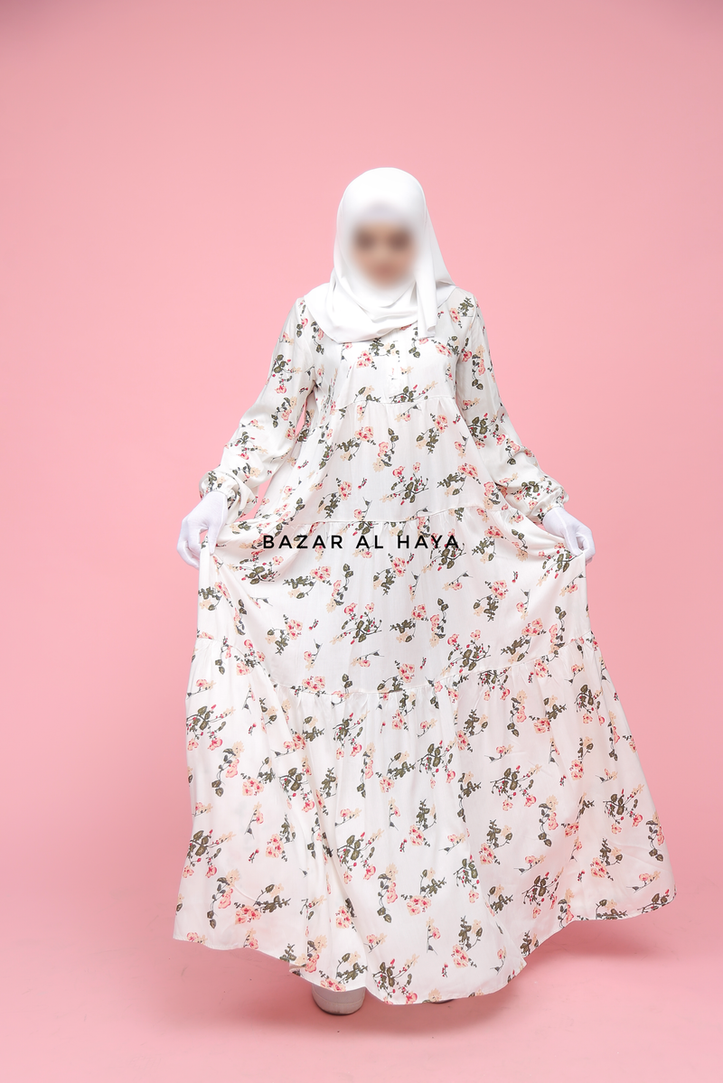 Sadia White Floral Abaya Dress 100% Cotton Summer Tiered Style With Front Zipper