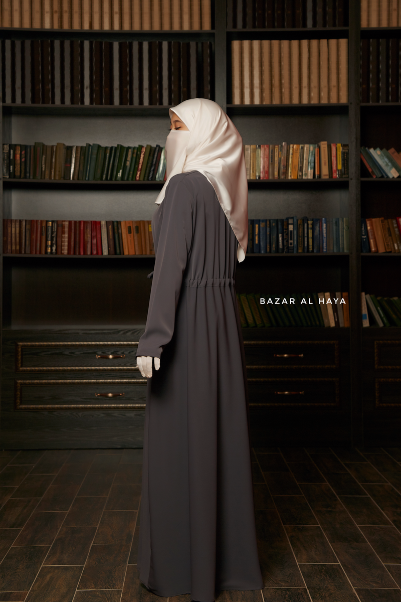 Salam 3 Steel Grey Belted Abaya Dress - Front Zipper & Zipper Sleeves - Nida