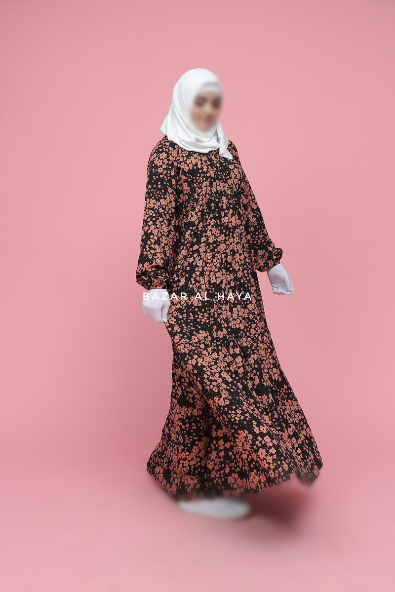 Sadia Black & Pink Floral Abaya Dress 100% Cotton Summer Tiered Style With Front Zipper