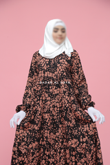 Sadia Black & Pink Floral Abaya Dress 100% Cotton Summer Tiered Style With Front Zipper