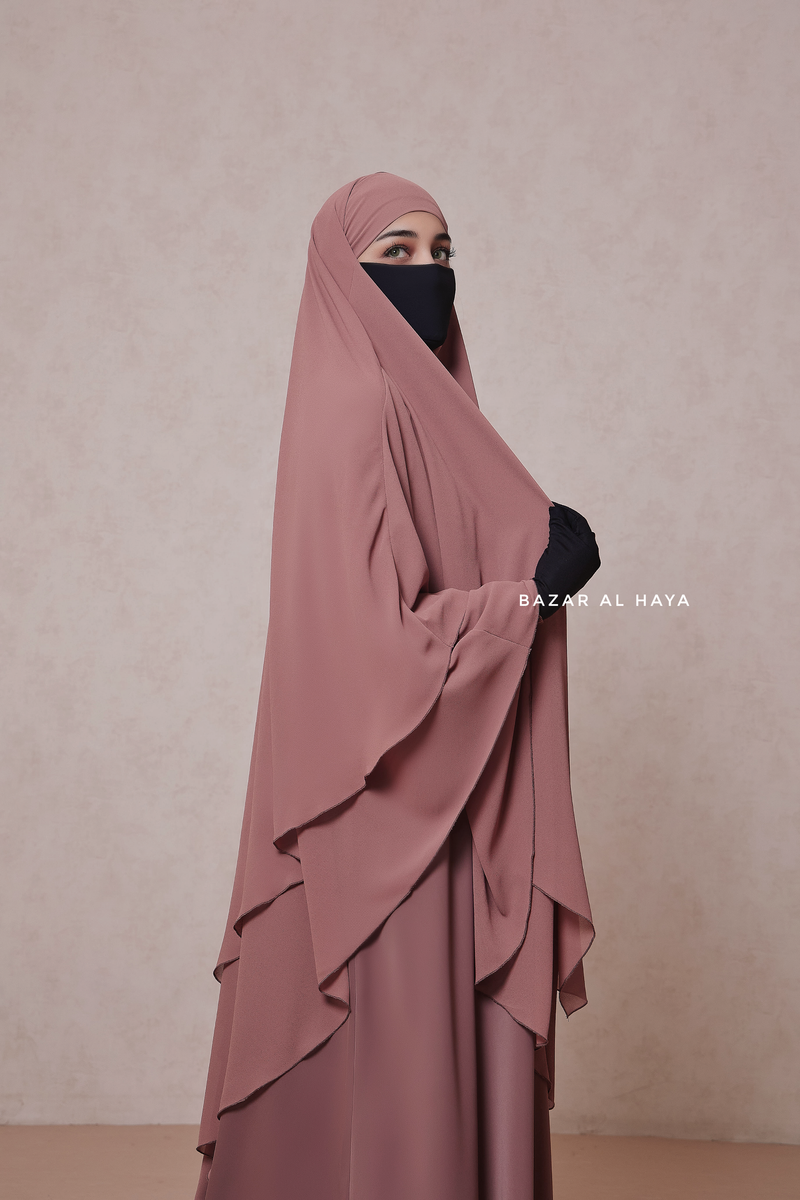 Pari Taupe Rose Two Layered Maxi Diamond Khimar - Crepe Chiffon