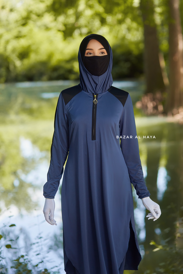 Shuruq Spruce Blue Modest Swimwear Three Piece Set With Swimdress, Khimar, & Pants - Enjoy The Comfort