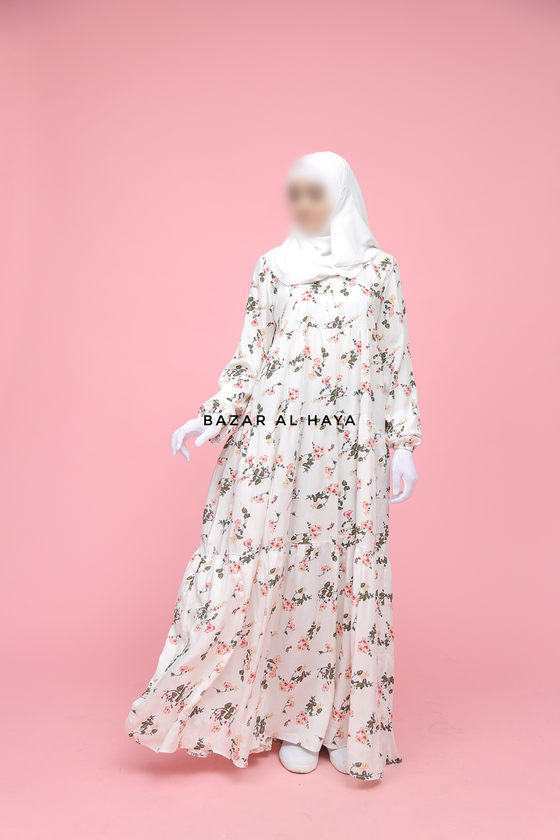Sadia White Floral Abaya Dress 100% Cotton Summer Tiered Style With Front Zipper