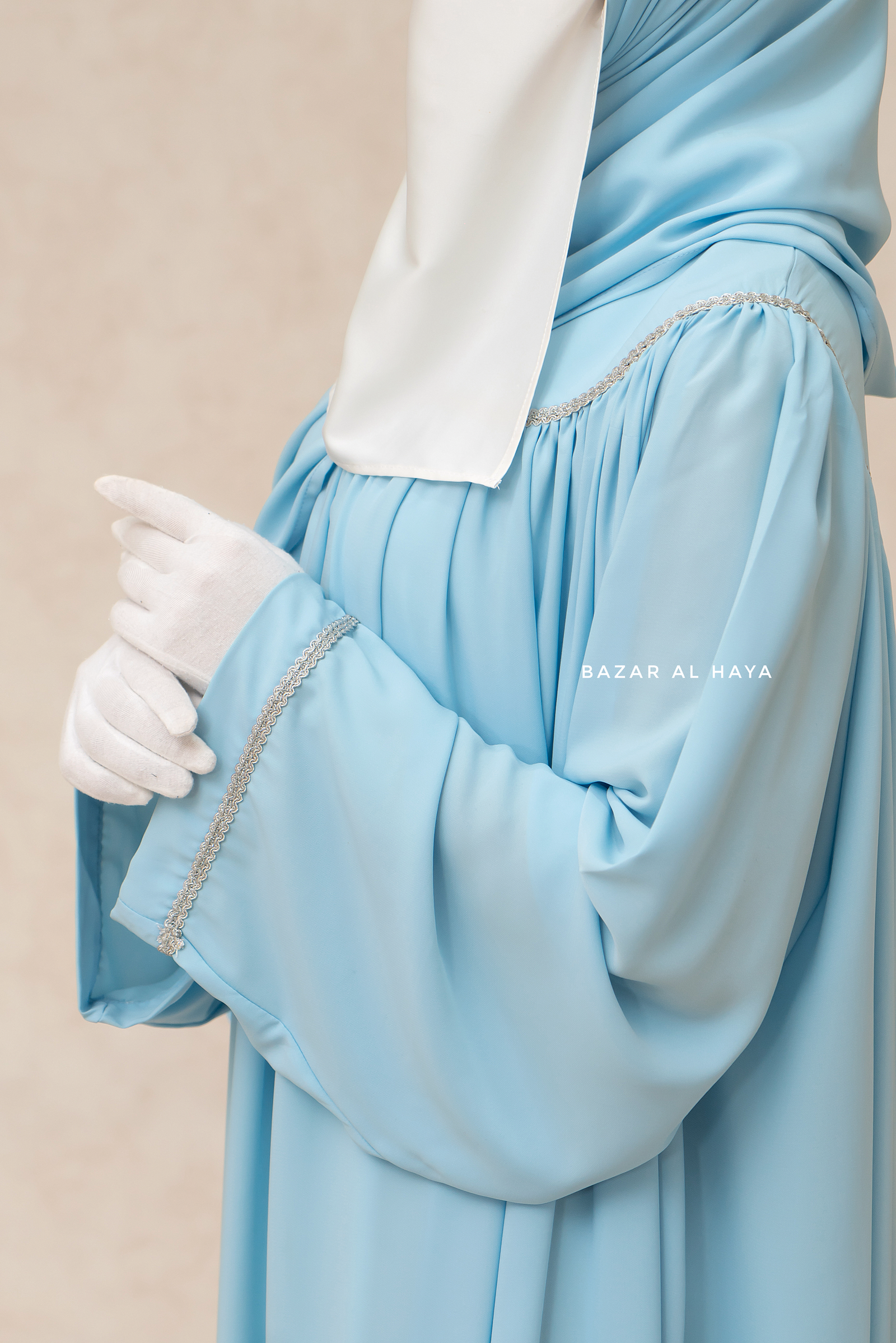 hijab with sky blue dress Haniya Abaya Gown - Elegently Wide Unique Decor COLLECTION-BLACK Color:Limited Lemongrass Green Blue is Actually the workplace use