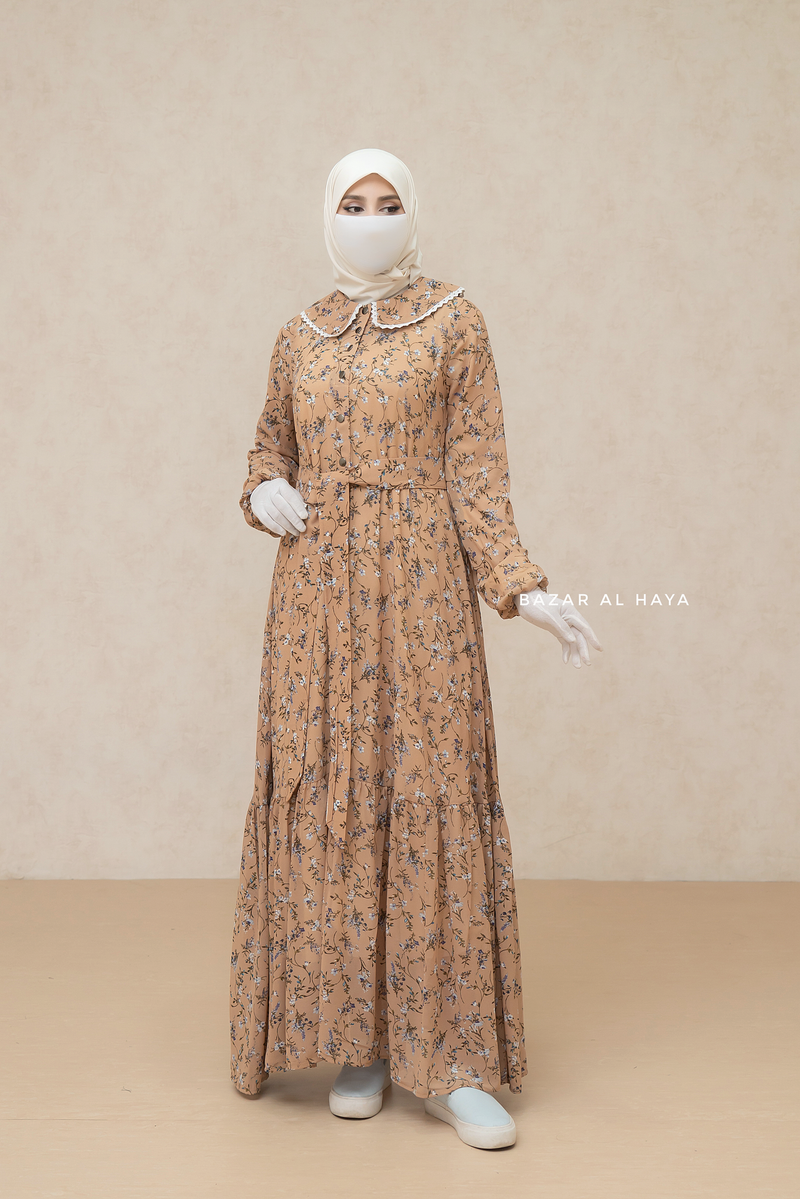Anisa Peach Floral Chiffon Dress With Belt - Full Snap Button Front