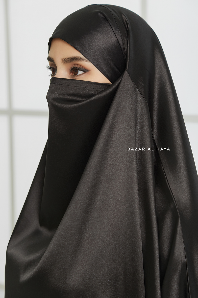 Black Latifa Two Piece Satin Jilbab With Skirt - Long & Loose