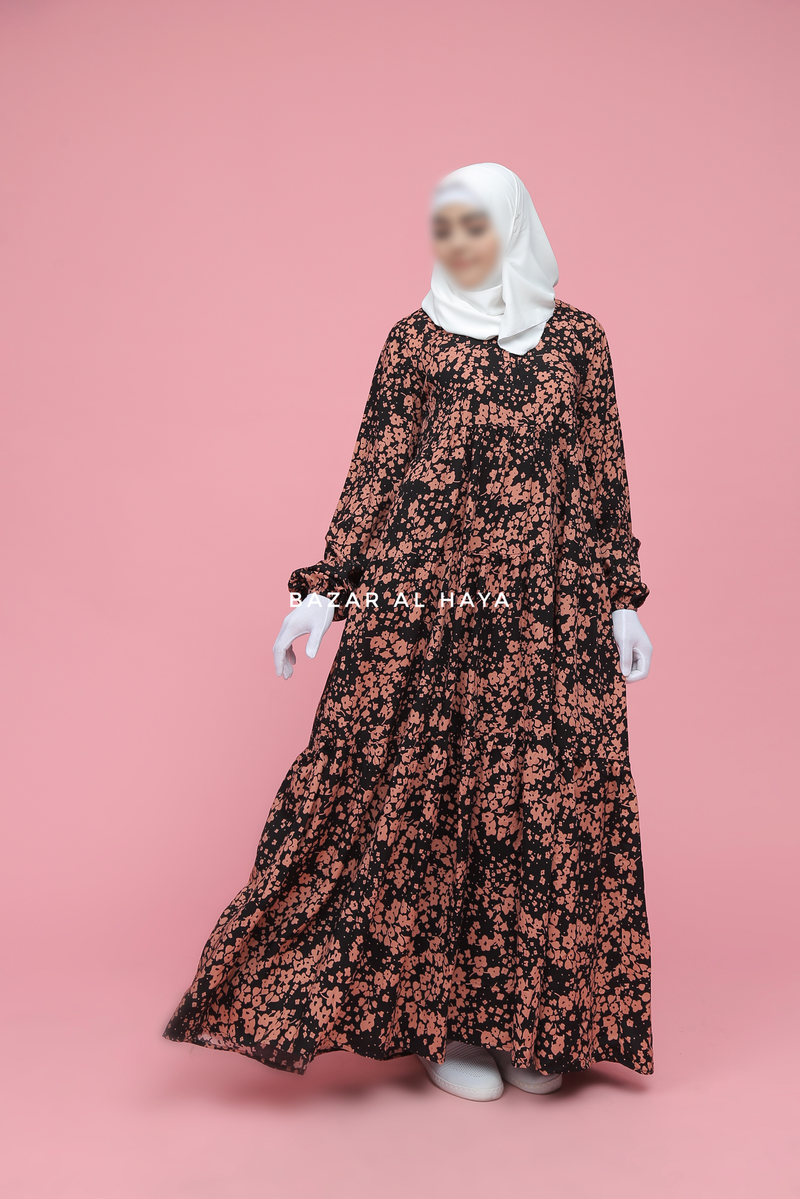 Sadia Black & Pink Floral Abaya Dress 100% Cotton Summer Tiered Style With Front Zipper