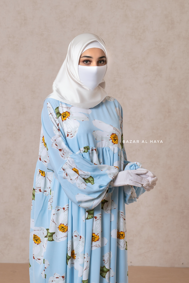 Muna Baby Blue Loose Fit Summer Abaya Dress - Viscose Cotton & Daisy Flower Print