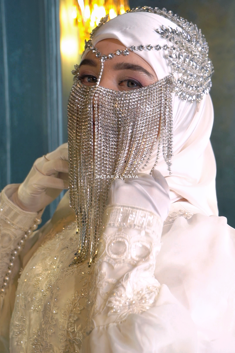 Rhinestone Chain Silver Bridal Face Veil - Handmade