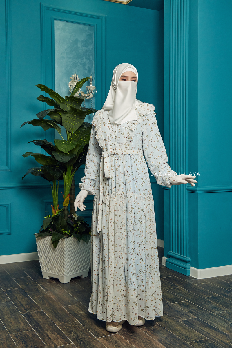 Surayya Light Blue Chiffon Abaya Dress With Floral Print Ruffled Design
