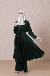 Inaya 2 Emerald Three Piece Top Dress & Pants Set With Belt- Loose Fit - Textured Satin
