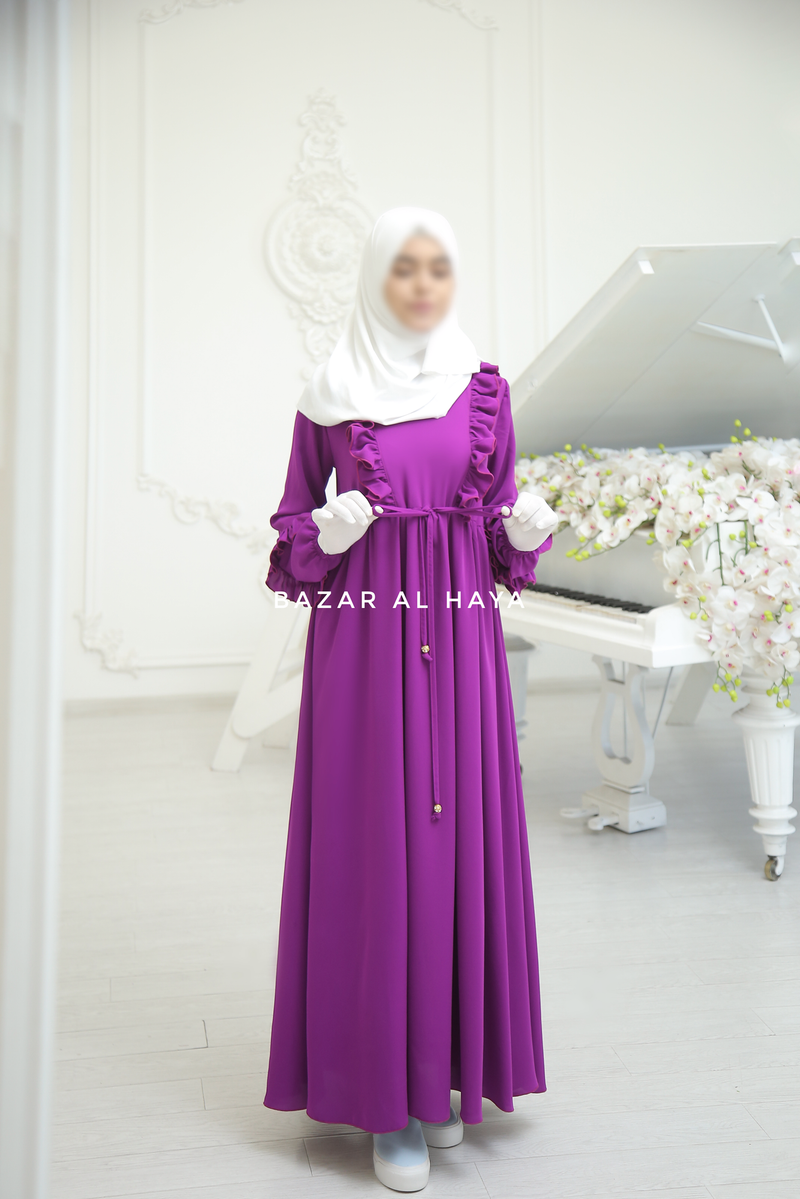 Bright Purple Afsah 3-D Ruffle Embroidery Lightweight Summer Spring Abaya Dress - Soft Breathable Crepe Cotton