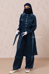 Inaya 2 Dark Blue Three Piece Top Dress & Pants Set With Belt- Loose Fit - Textured Satin